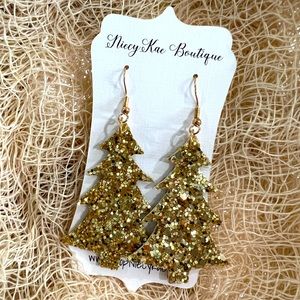 Gold Glitter Sparkle Christmas Tree Earrings